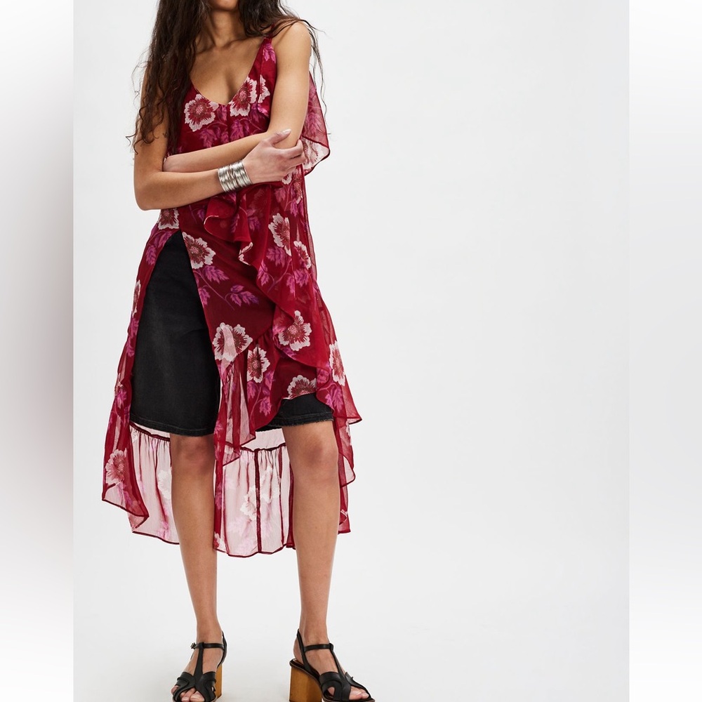 NWOT Free People Sunfaded Ruffle Floral Print Maxi Top- Syrah Combo